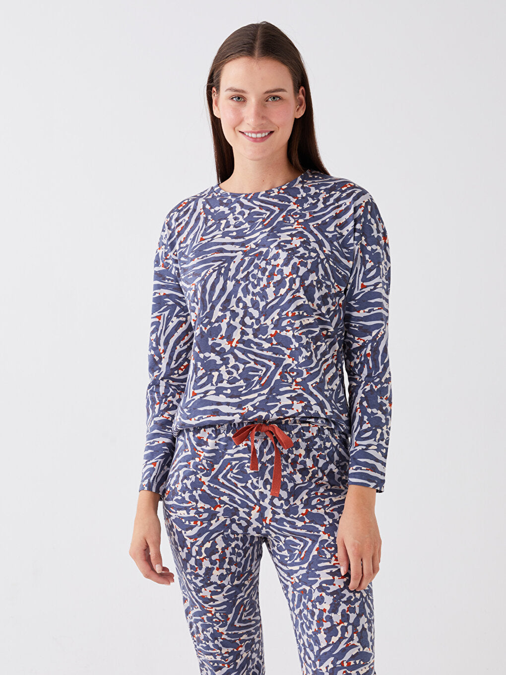 Crew Neck Patterned Long Sleeve Women's Pajama Set