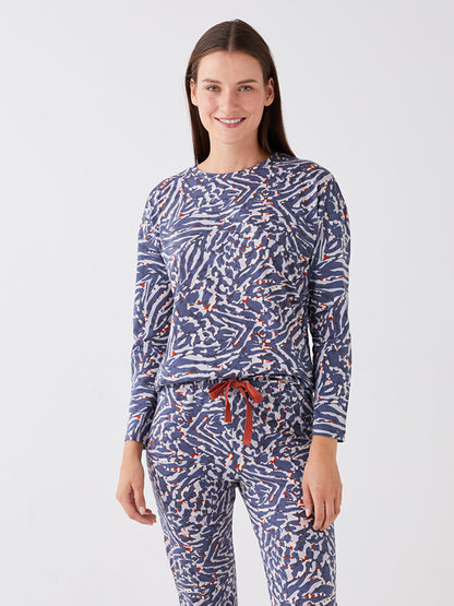 Crew Neck Patterned Long Sleeve Women's Pajama Set