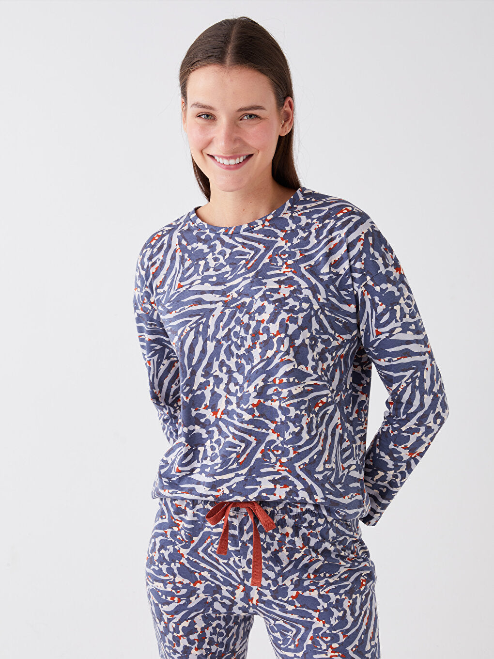 Crew Neck Patterned Long Sleeve Women's Pajama Set