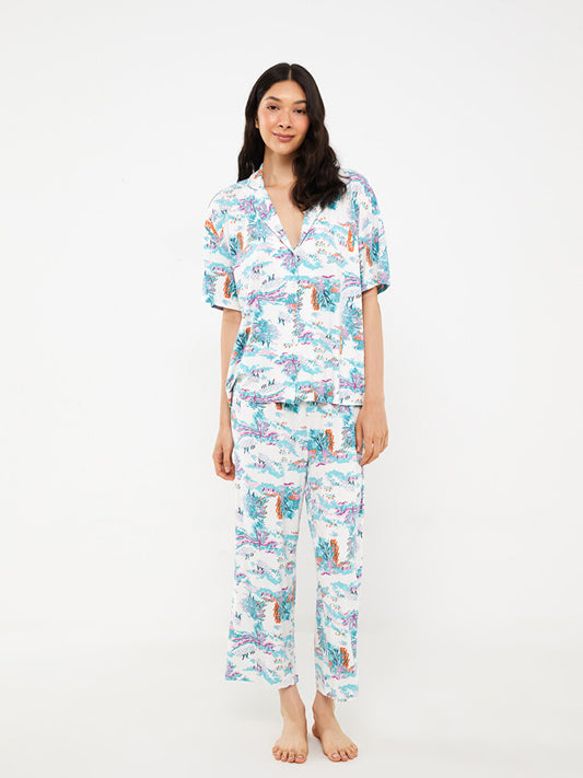 Shirt Collar Patterned Short Sleeve Women's Pajama Set