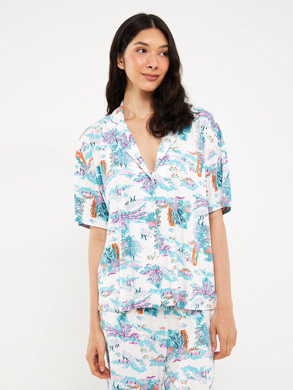 Shirt Collar Patterned Short Sleeve Women's Pajama Set