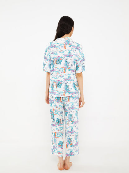 Shirt Collar Patterned Short Sleeve Women's Pajama Set