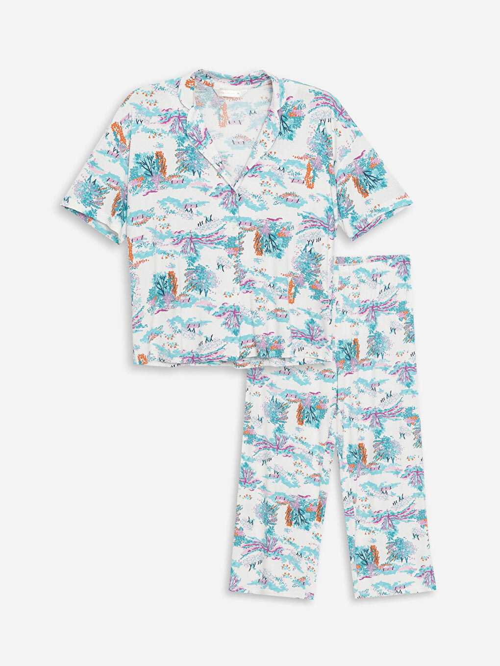 Shirt Collar Patterned Short Sleeve Women's Pajama Set