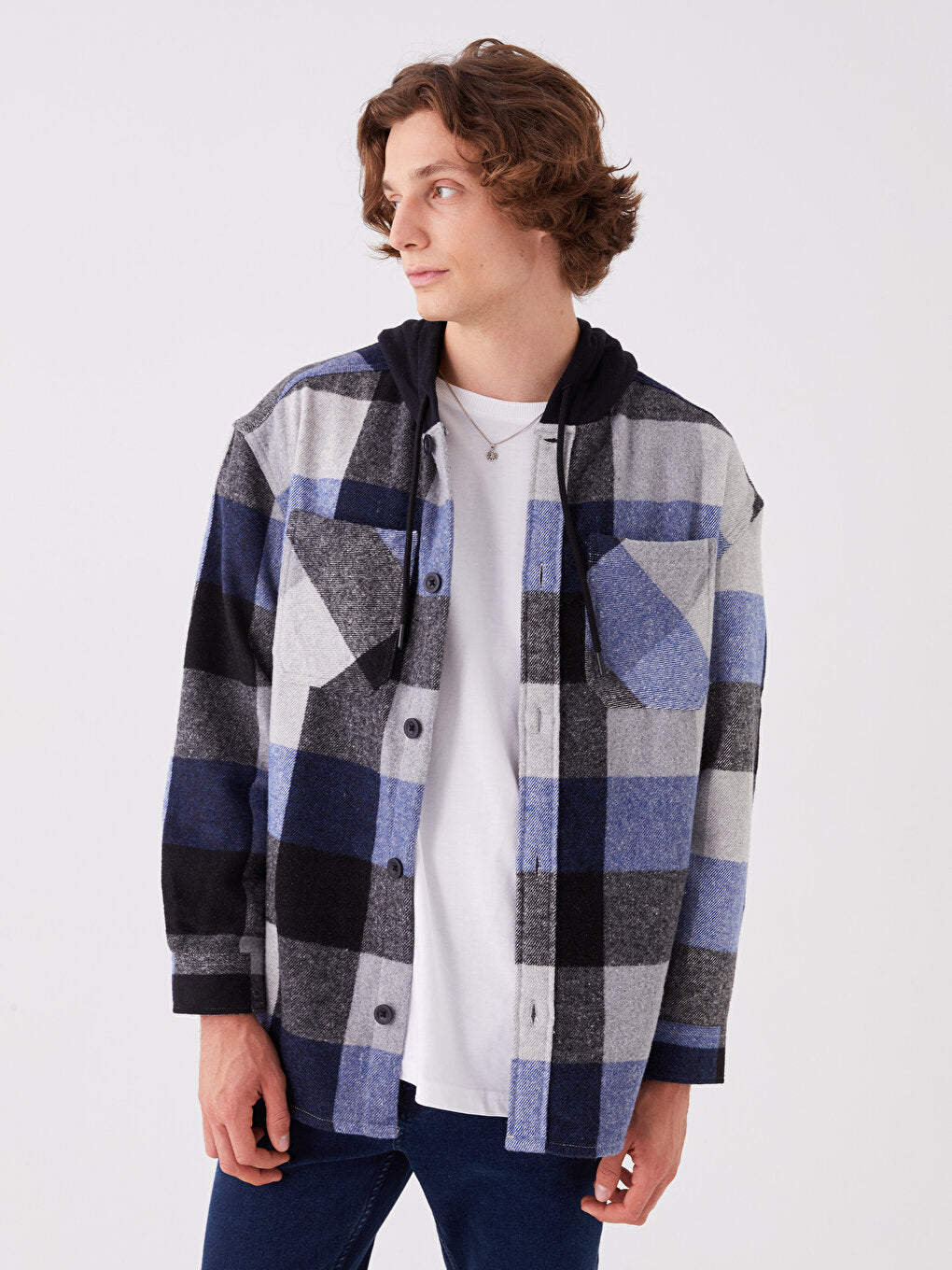 Hooded Regular Fit Long Sleeve Plaid Men's Shirt Jacket