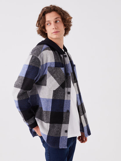 Hooded Regular Fit Long Sleeve Plaid Men's Shirt Jacket