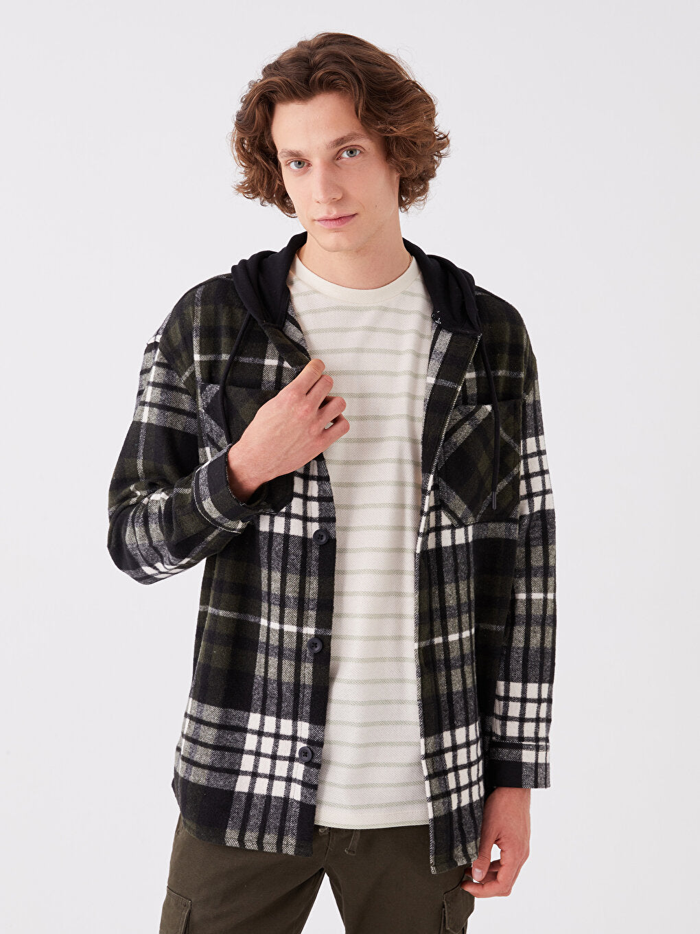 Hooded Regular Fit Long Sleeve Plaid Men's Shirt Jacket