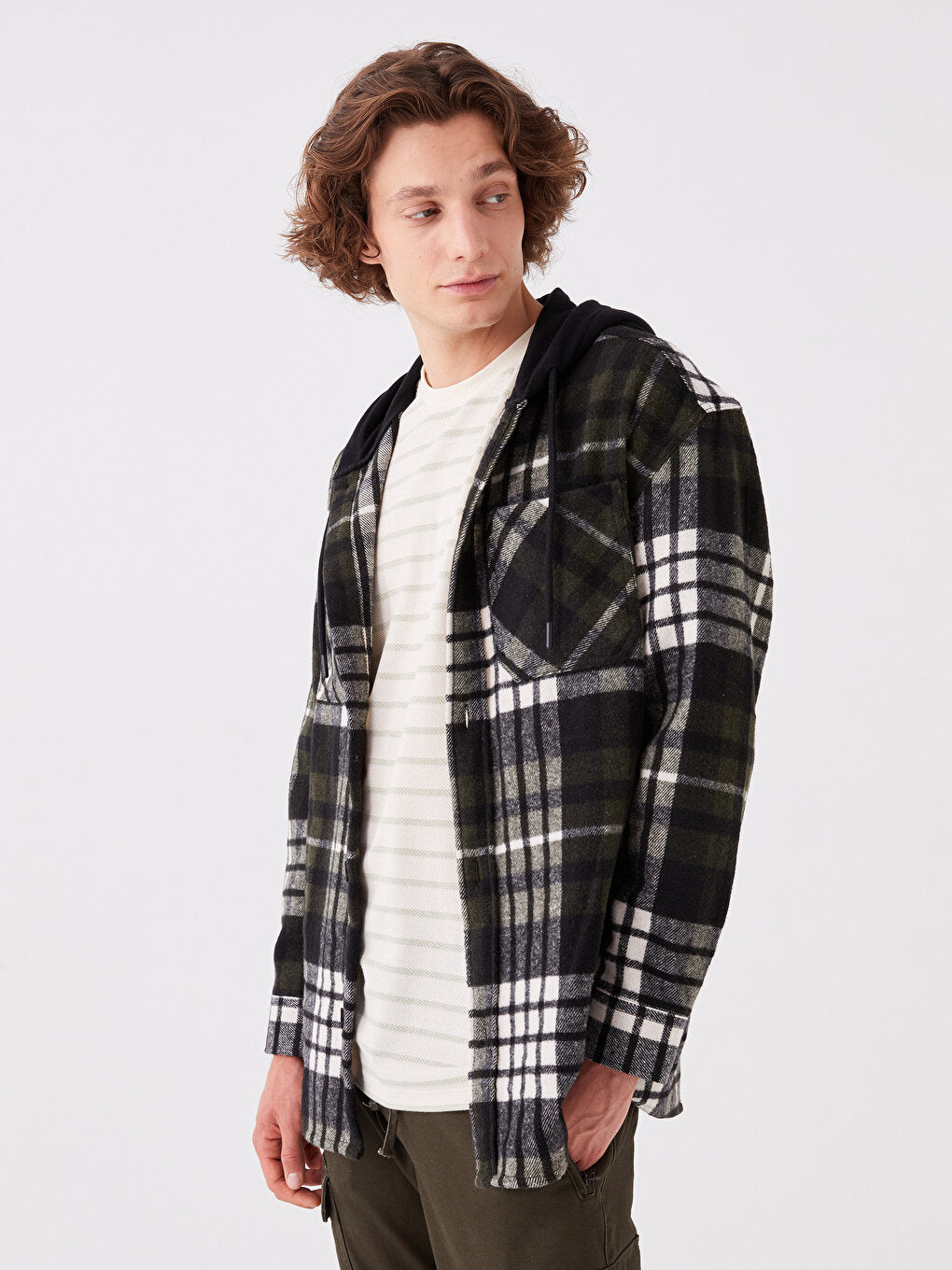 Hooded Regular Fit Long Sleeve Plaid Men's Shirt Jacket