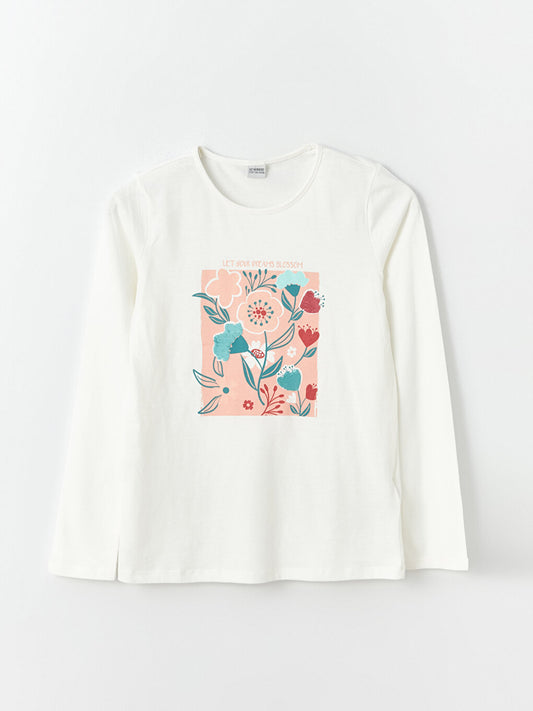 Crew Neck Printed Long Sleeve Girls' T-Shirt