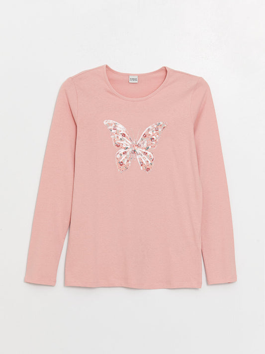 Crew Neck Sequin Embroidered Long Sleeve Girls' T-Shirt