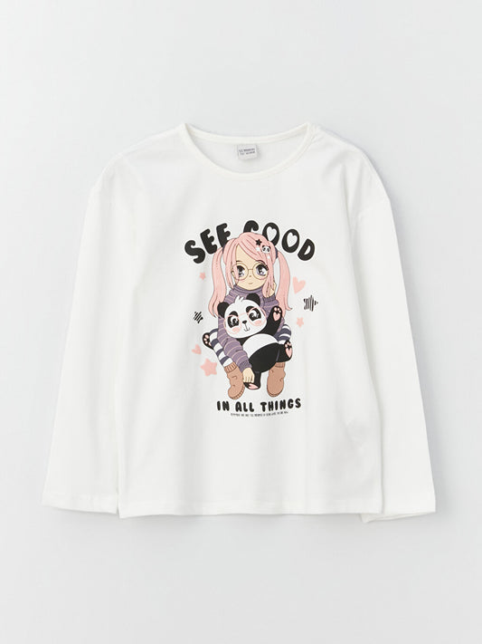 Crew Neck Printed Long Sleeve Girls' T-Shirt