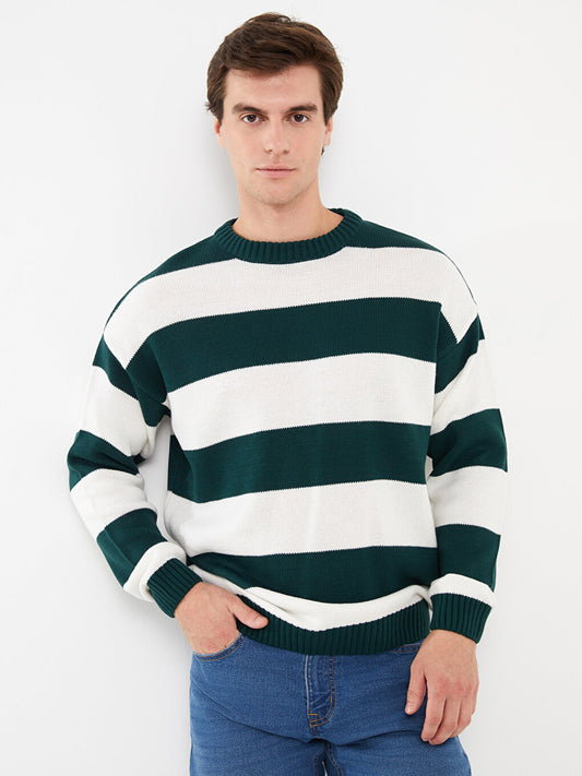 Crew Neck Long Sleeve Striped Men's Knitwear Sweater