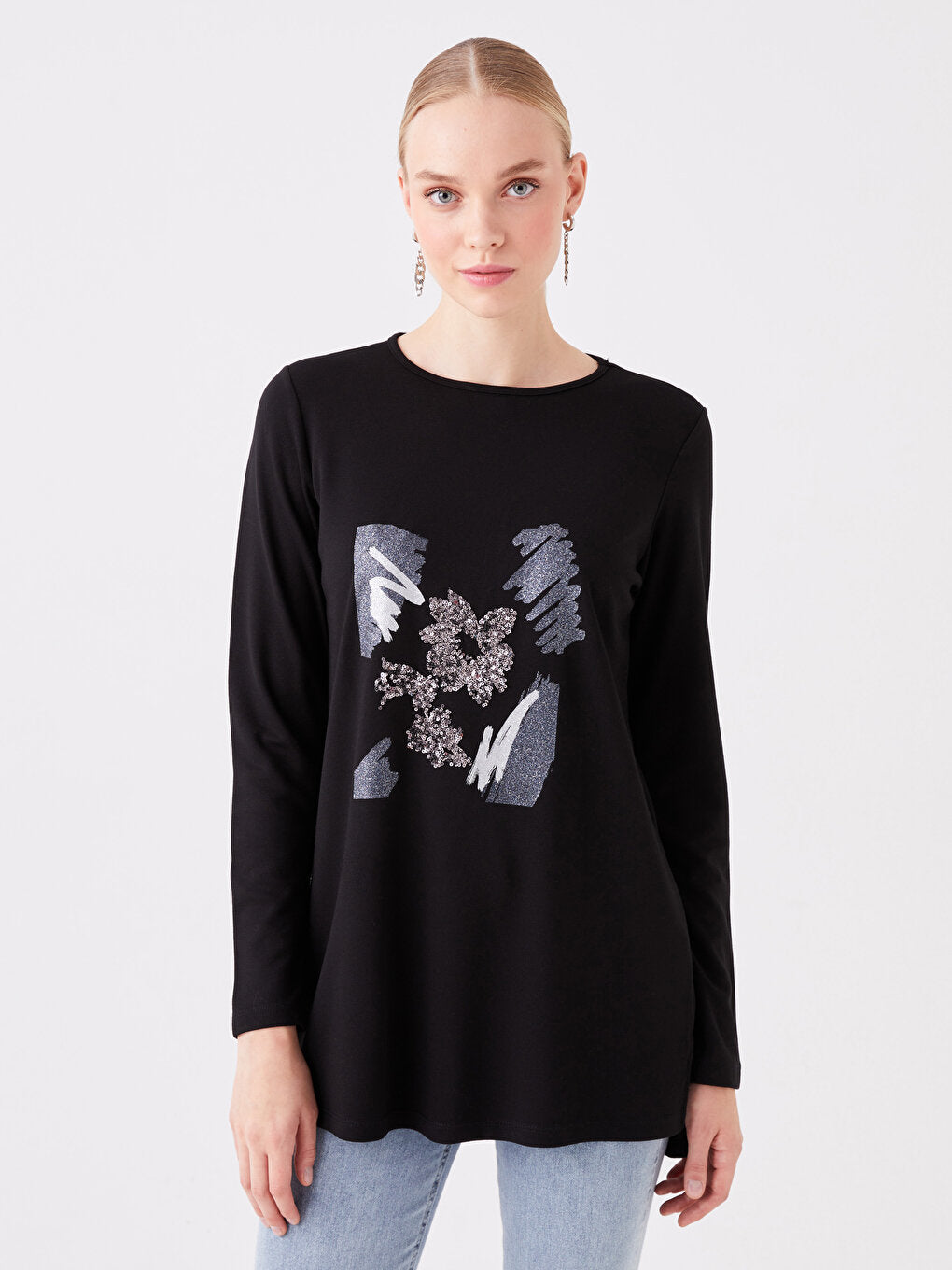 Crew Neck Printed Long Sleeve Women's Tunic