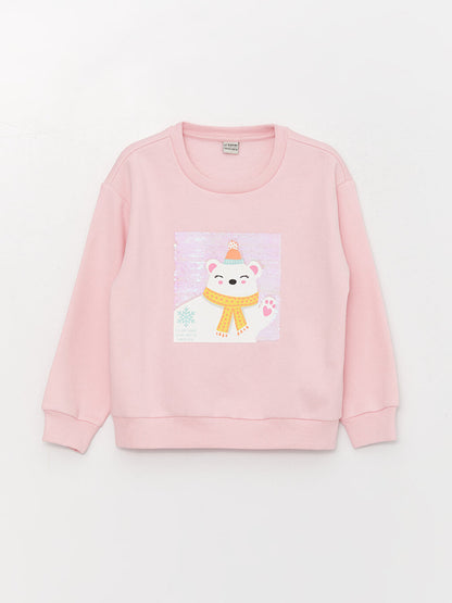 Crew Neck Printed Reversible Sequined Long Sleeve Girl's Sweatshirt