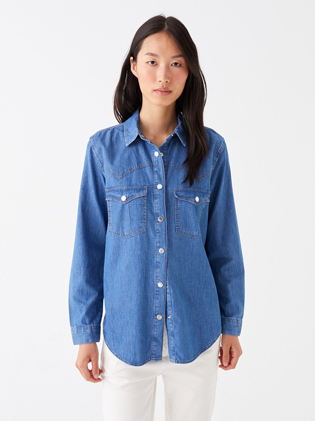 Plain Long Sleeve Women's Jean Shirt