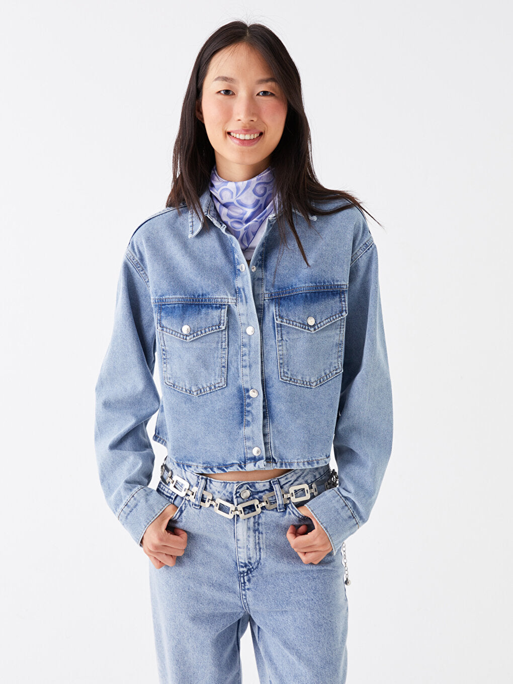 Plain Long Sleeve Crop Women's Jean Shirt Jacket