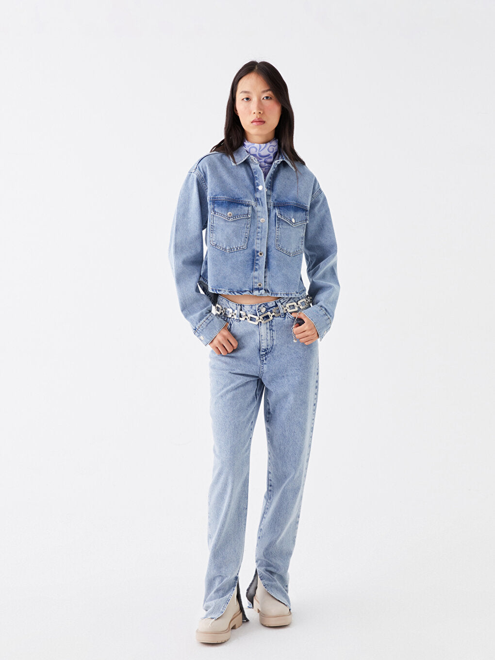 Plain Long Sleeve Crop Women's Jean Shirt Jacket