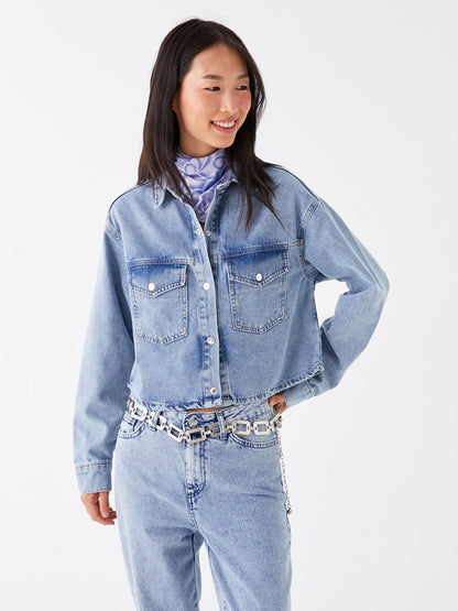 Plain Long Sleeve Crop Women's Jean Shirt Jacket