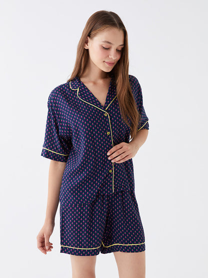 Shirt Collar Printed Short Sleeve Women's Pajama Set with Shorts