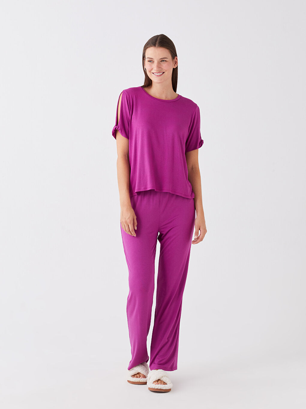 Crew Neck Plain Short Sleeve Women's Pajama Set