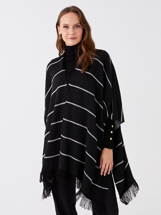 V-Neck Striped Short Sleeve Oversize Women's Poncho