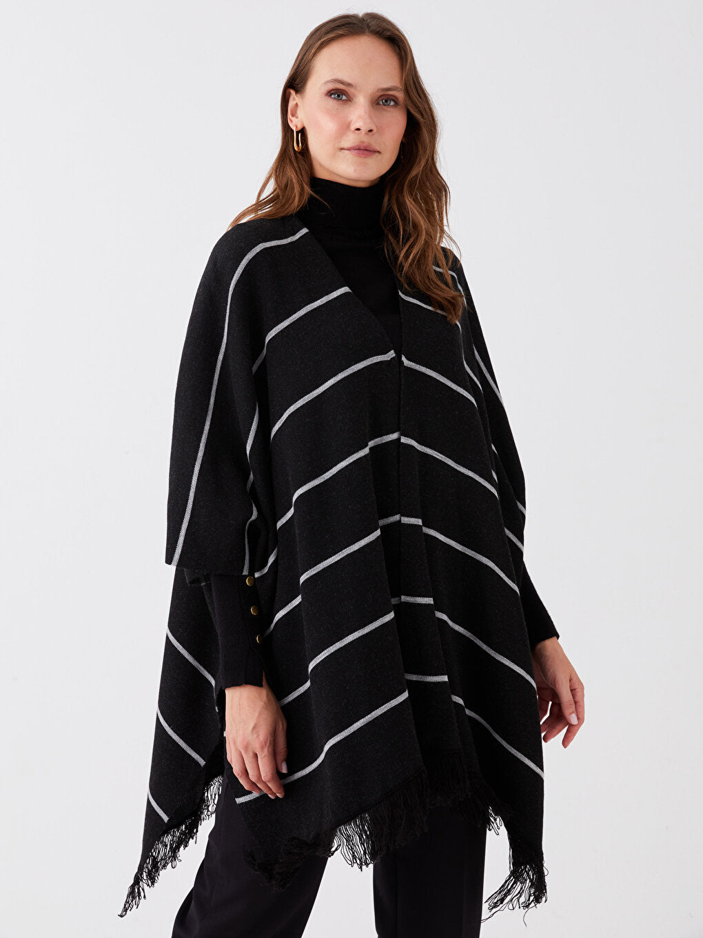 V-Neck Striped Short Sleeve Oversize Women's Poncho