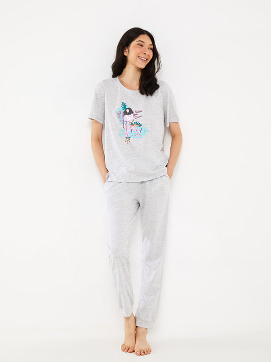 Crew Neck Printed Short Sleeve Women's Pajama Set