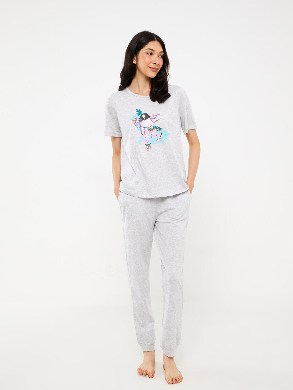 Crew Neck Printed Short Sleeve Women's Pajama Set