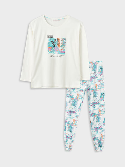 Crew Neck Printed Long Sleeve Women's Pajama Set