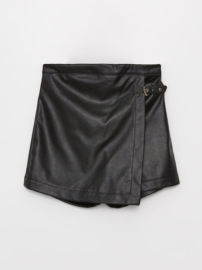 Leather Look Girl's Shorts Skirt with Elastic Waist