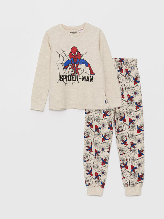 Crew Neck Spiderman Printed Long Sleeve Boys' Pajama Set