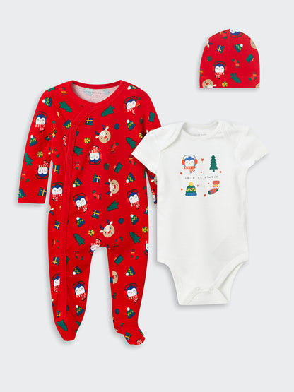 Crew Neck New Year Themed Baby Boy Snap-On Bodysuit and Beanie 3-Piece Set