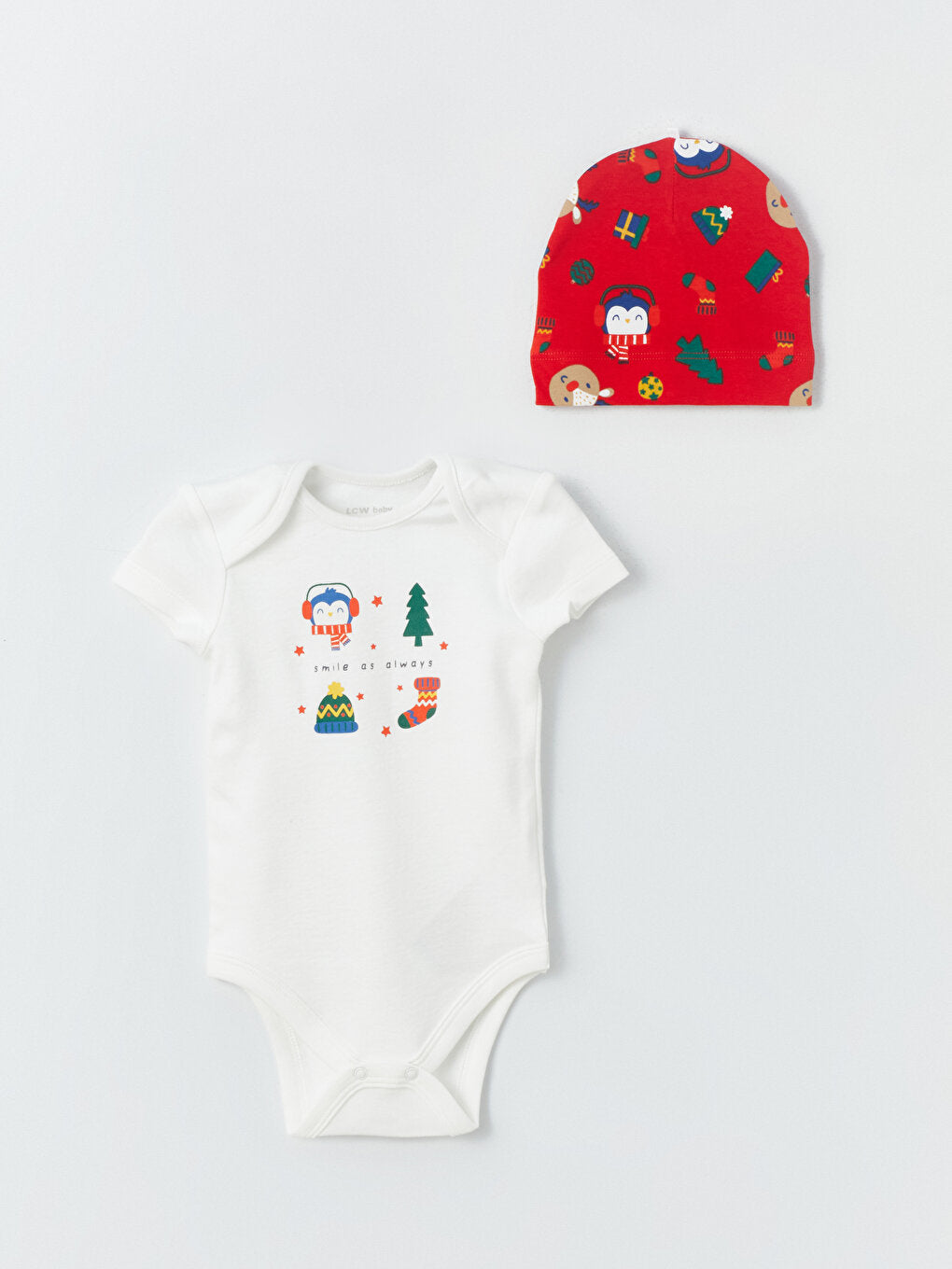 Crew Neck New Year Themed Baby Boy Snap-On Bodysuit and Beanie 3-Piece Set