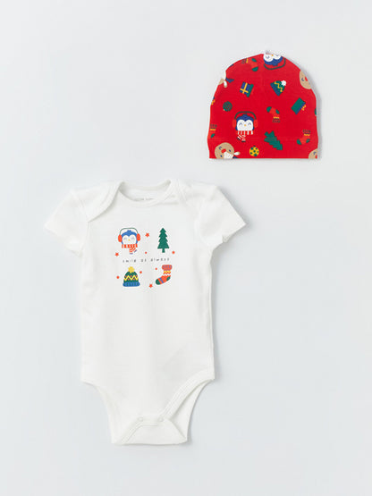 Crew Neck New Year Themed Baby Boy Snap-On Bodysuit and Beanie 3-Piece Set