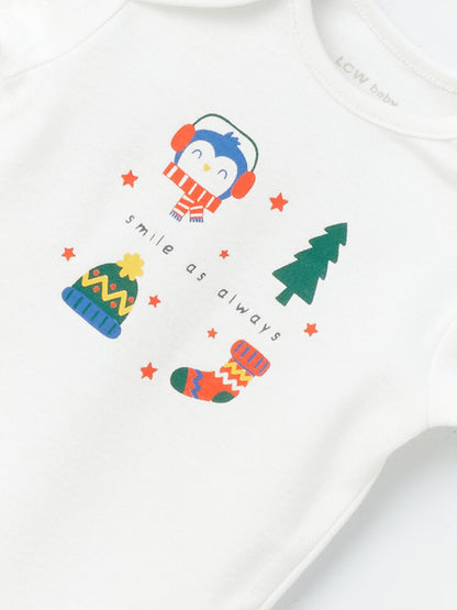 Crew Neck New Year Themed Baby Boy Snap-On Bodysuit and Beanie 3-Piece Set