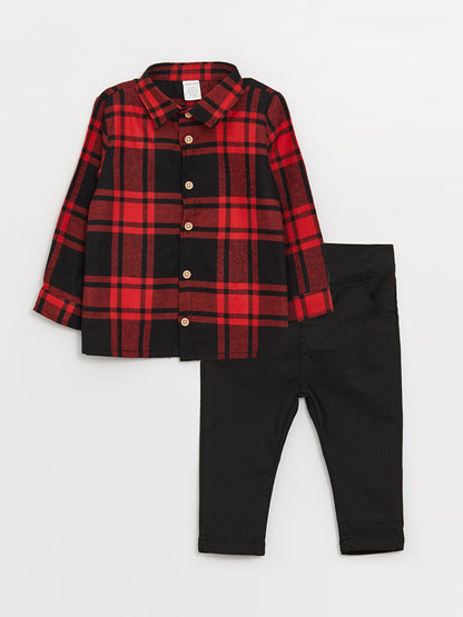 Plaid Patterned Long Sleeve Baby Boy Shirt and Trousers 2-Piece Set