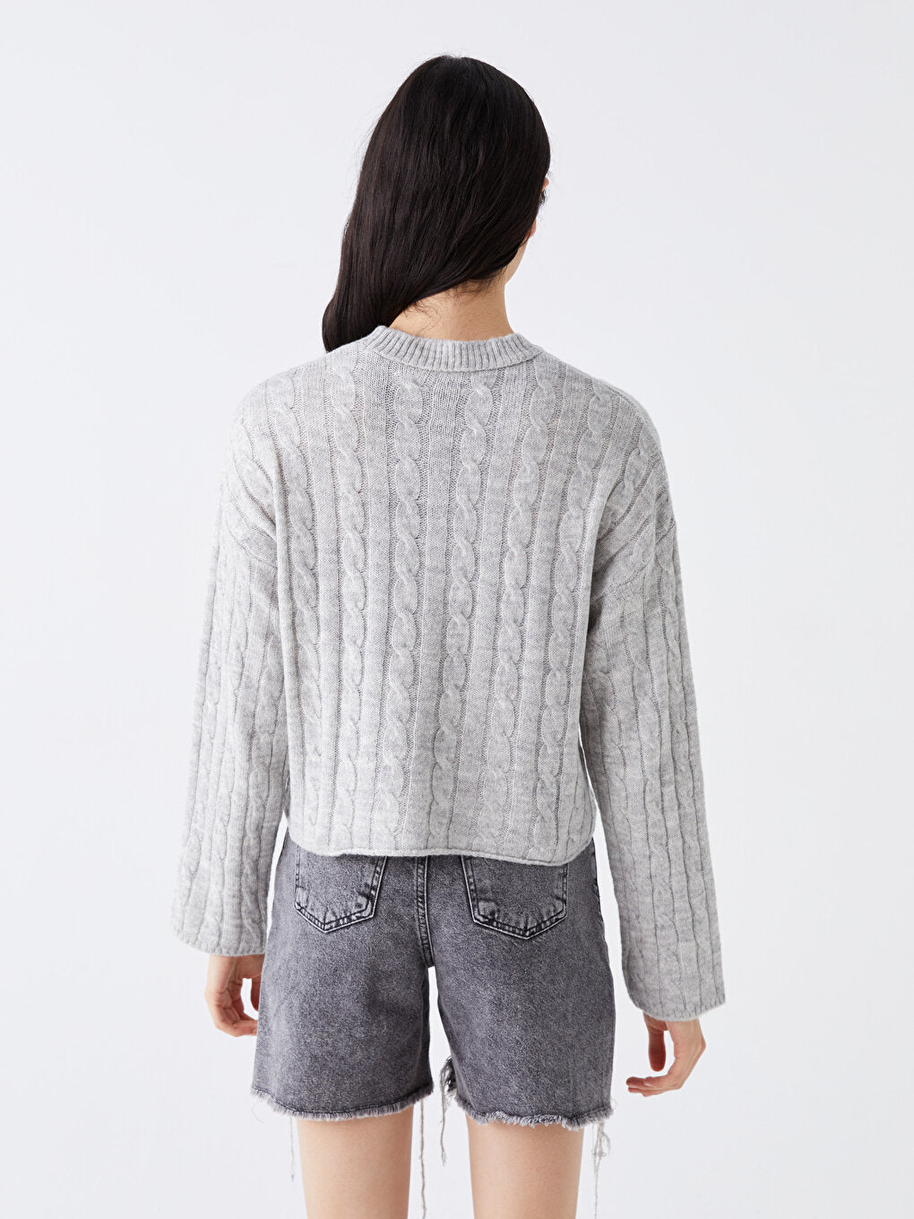 Crew Neck Self-Patterned Long Sleeve Women's Knitwear Sweater