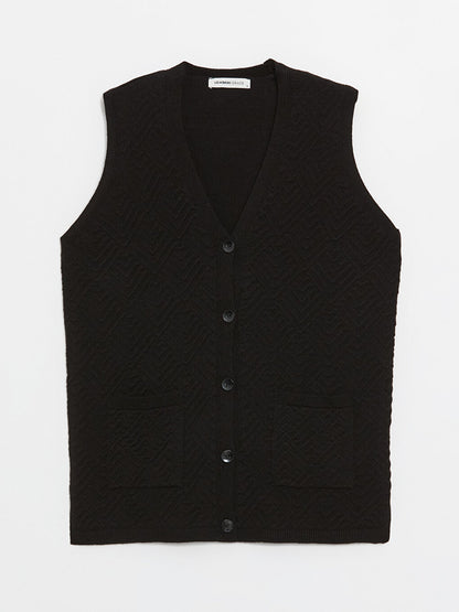 V-Neck Self-Patterned Women's Knitwear Vest