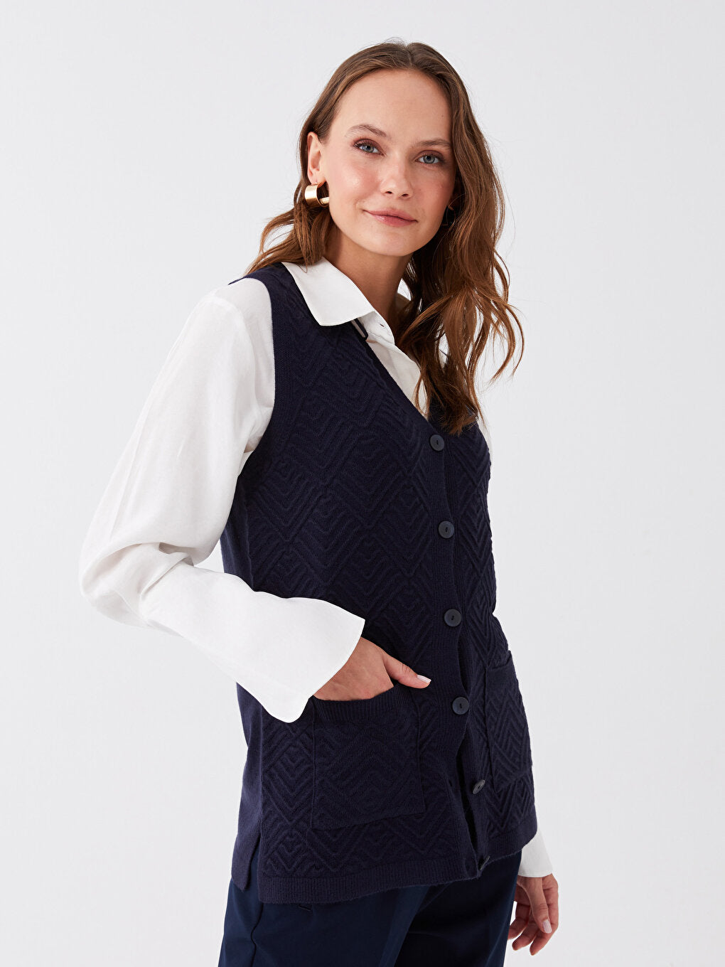 V-Neck Self-Patterned Women's Knitwear Vest