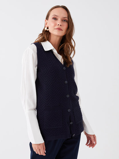 V-Neck Self-Patterned Women's Knitwear Vest