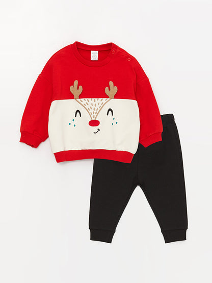 Crew Neck Long Sleeve Printed Baby Boy Sweatshirt and Trousers 2-Piece Set