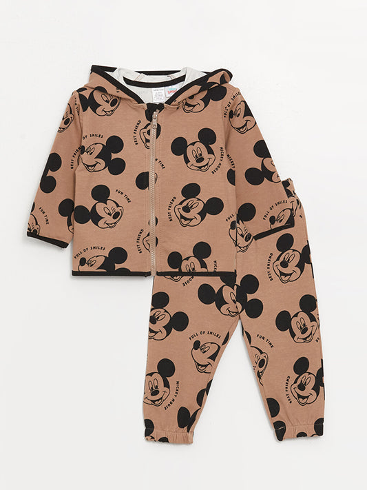 Hooded Long Sleeve Mickey Mouse Printed Baby Boy Sweatshirt and Tracksuit Bottom 2-pack