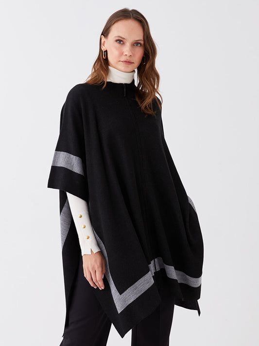 High Collar Stripe Patterned Oversize Women's Knitwear Poncho