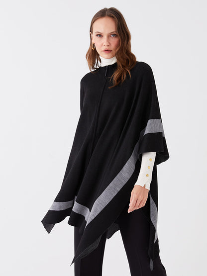 High Collar Stripe Patterned Oversize Women's Knitwear Poncho