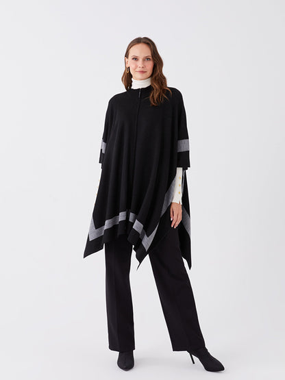 High Collar Stripe Patterned Oversize Women's Knitwear Poncho