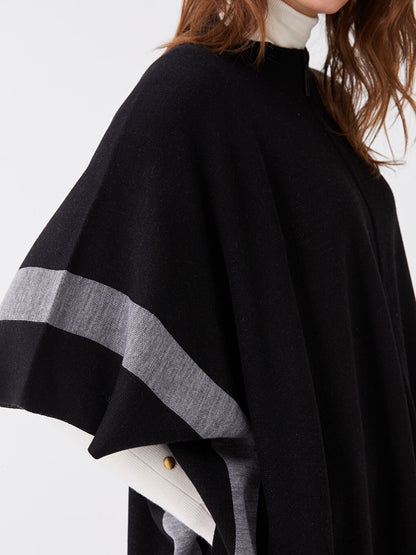 High Collar Stripe Patterned Oversize Women's Knitwear Poncho