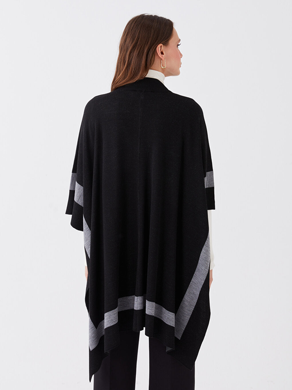 High Collar Stripe Patterned Oversize Women's Knitwear Poncho