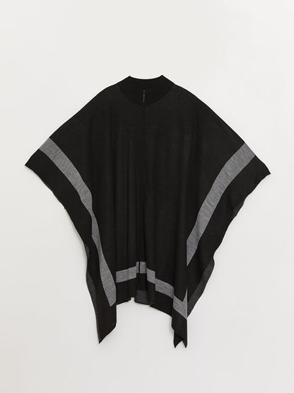 High Collar Stripe Patterned Oversize Women's Knitwear Poncho