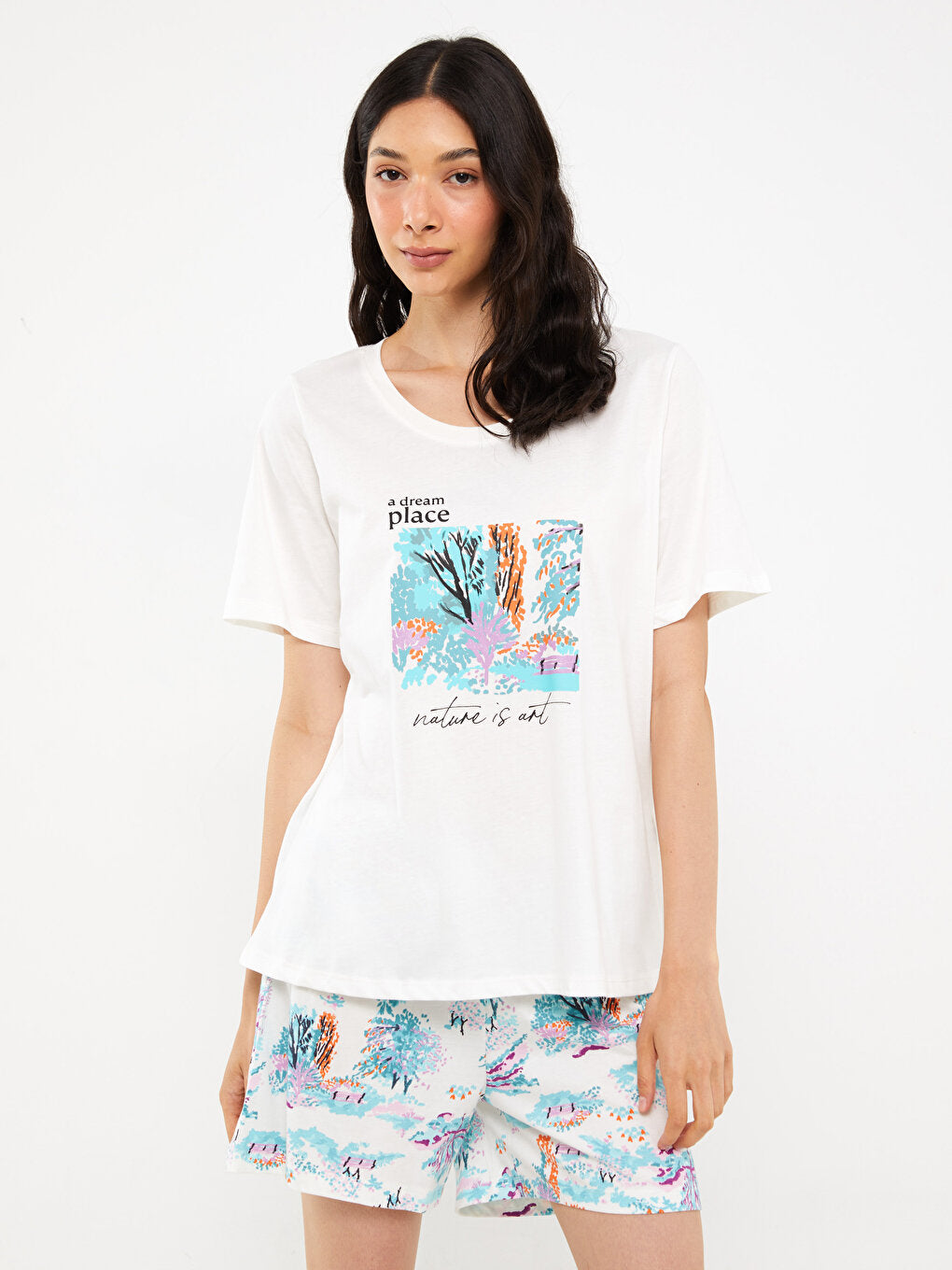 Crew Neck Printed Short Sleeve Women's Pajama Set with Shorts