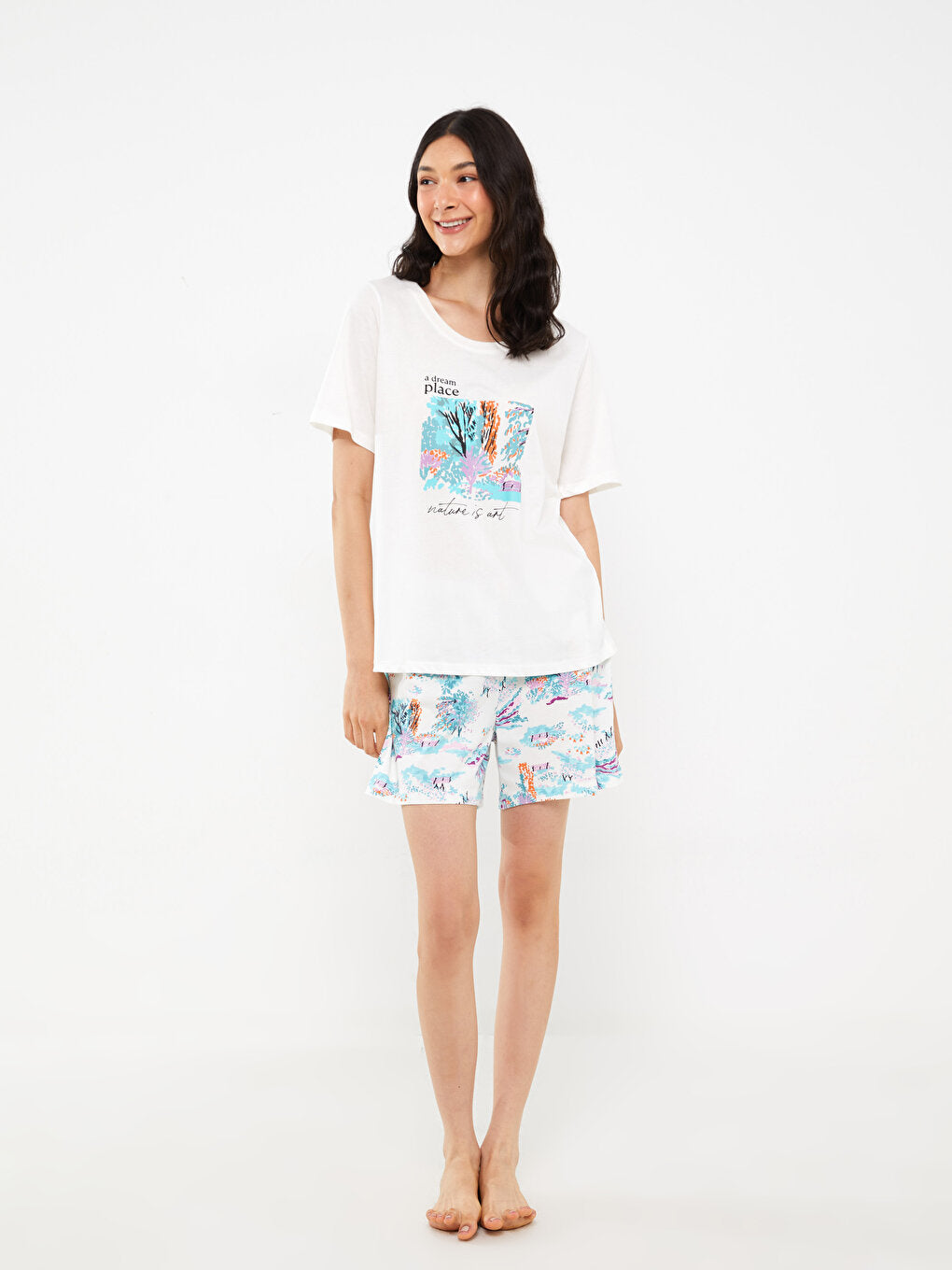 Crew Neck Printed Short Sleeve Women's Pajama Set with Shorts