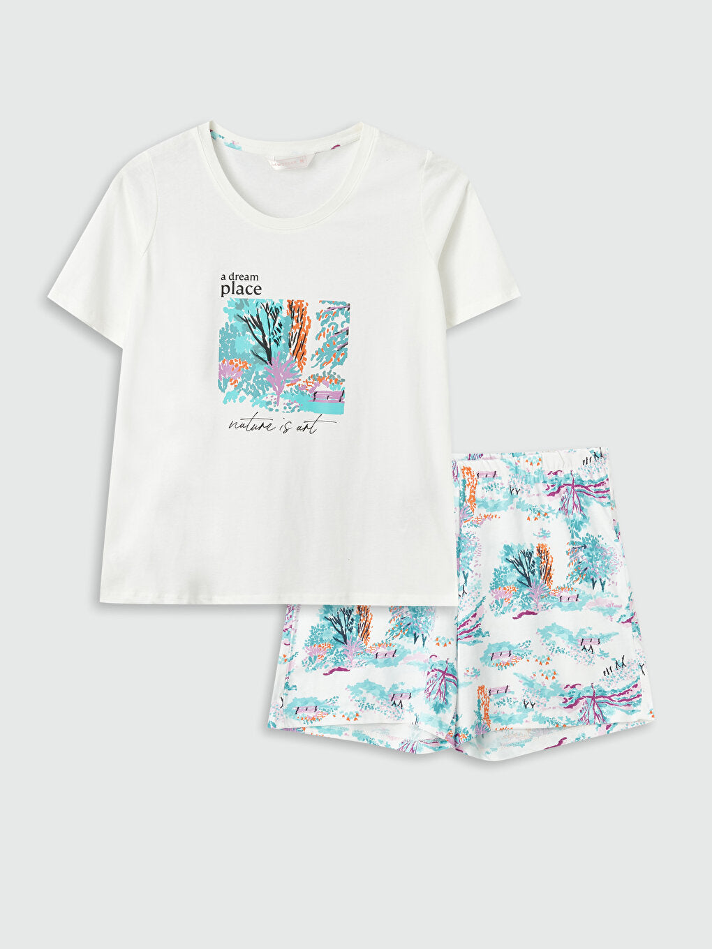 Crew Neck Printed Short Sleeve Women's Pajama Set with Shorts